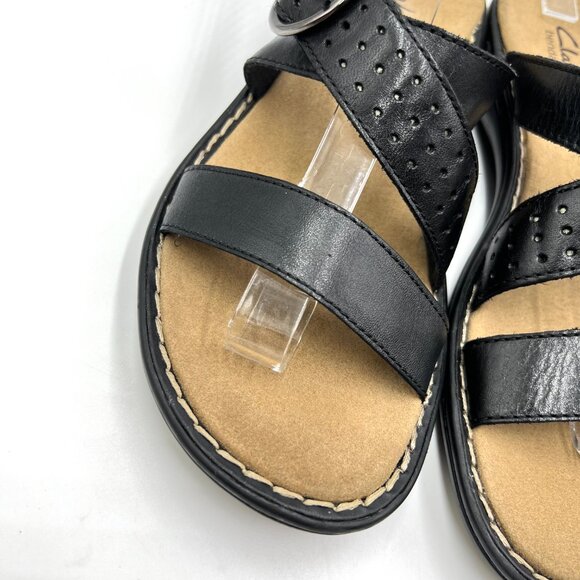 Clarks Womens Size 8 Black Leather Slip On Slides Comfort Sandals Shoes - Picture 4 of 13